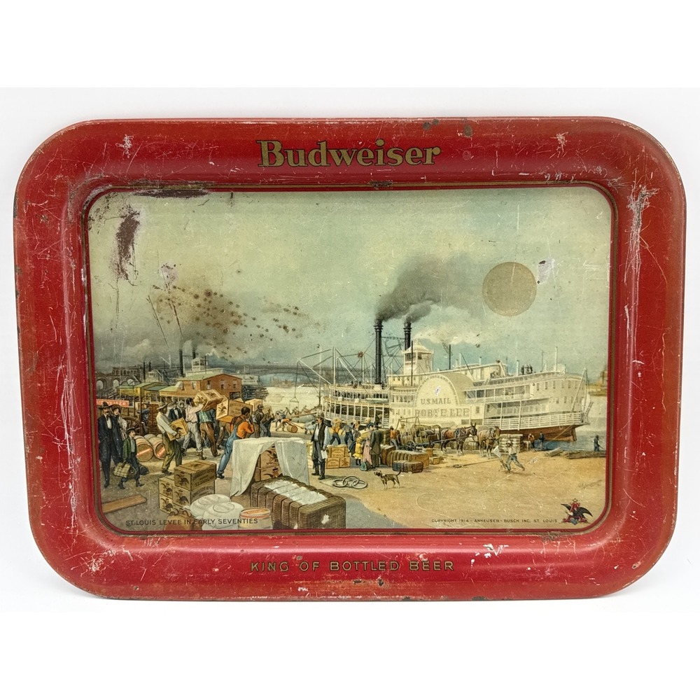 BUDWEISER ST. LOUIS LEVEE ROBERT E. LEE STEAMBOAT 1914 SERVING TRAY 1930s